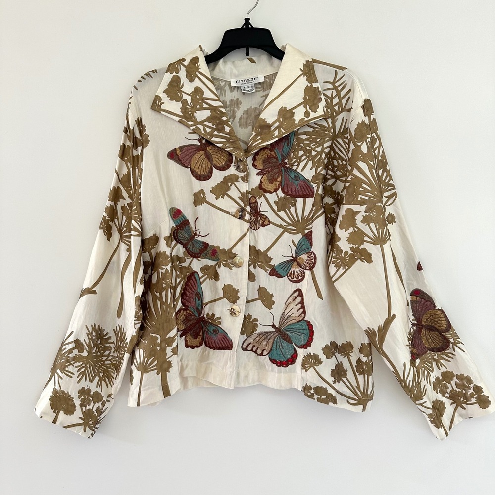 Citron Santa Monica Butterfly Linen Silk Embroidered Button Up Shirt XL Blouse